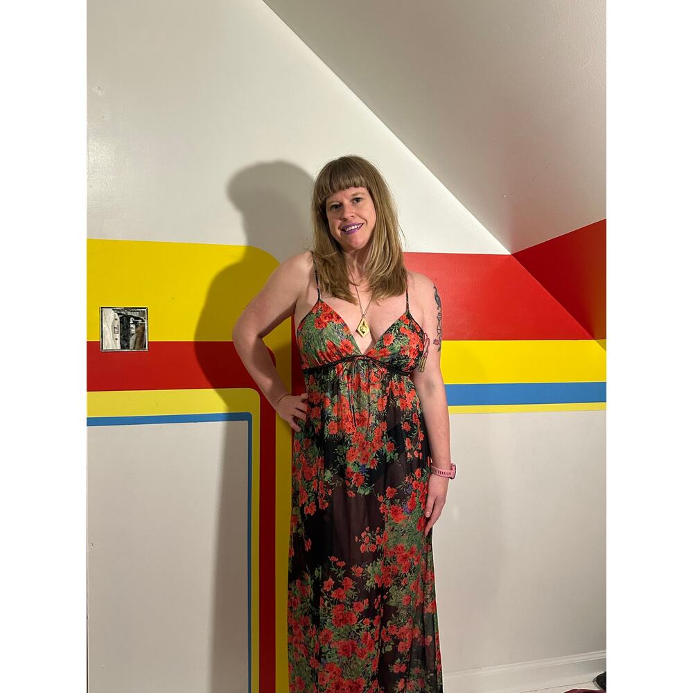 1970s vintage slip dress rose print nightgown lingerie by Yolande black red